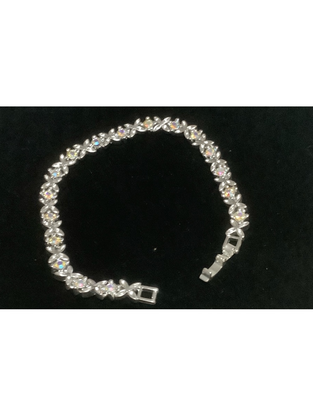 Vintage AB Rhinestone Tennis Bracelet Silver Tone Leaf Floral 7.5” Sparkle